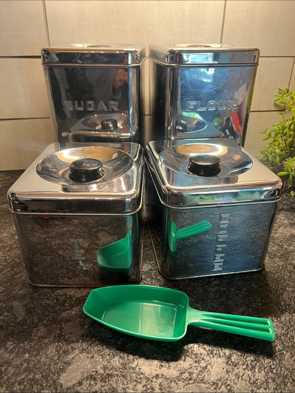 Vintage Lincoln Beauty Ware Chrome Kitchen Canister Set with Green Scoop set/4